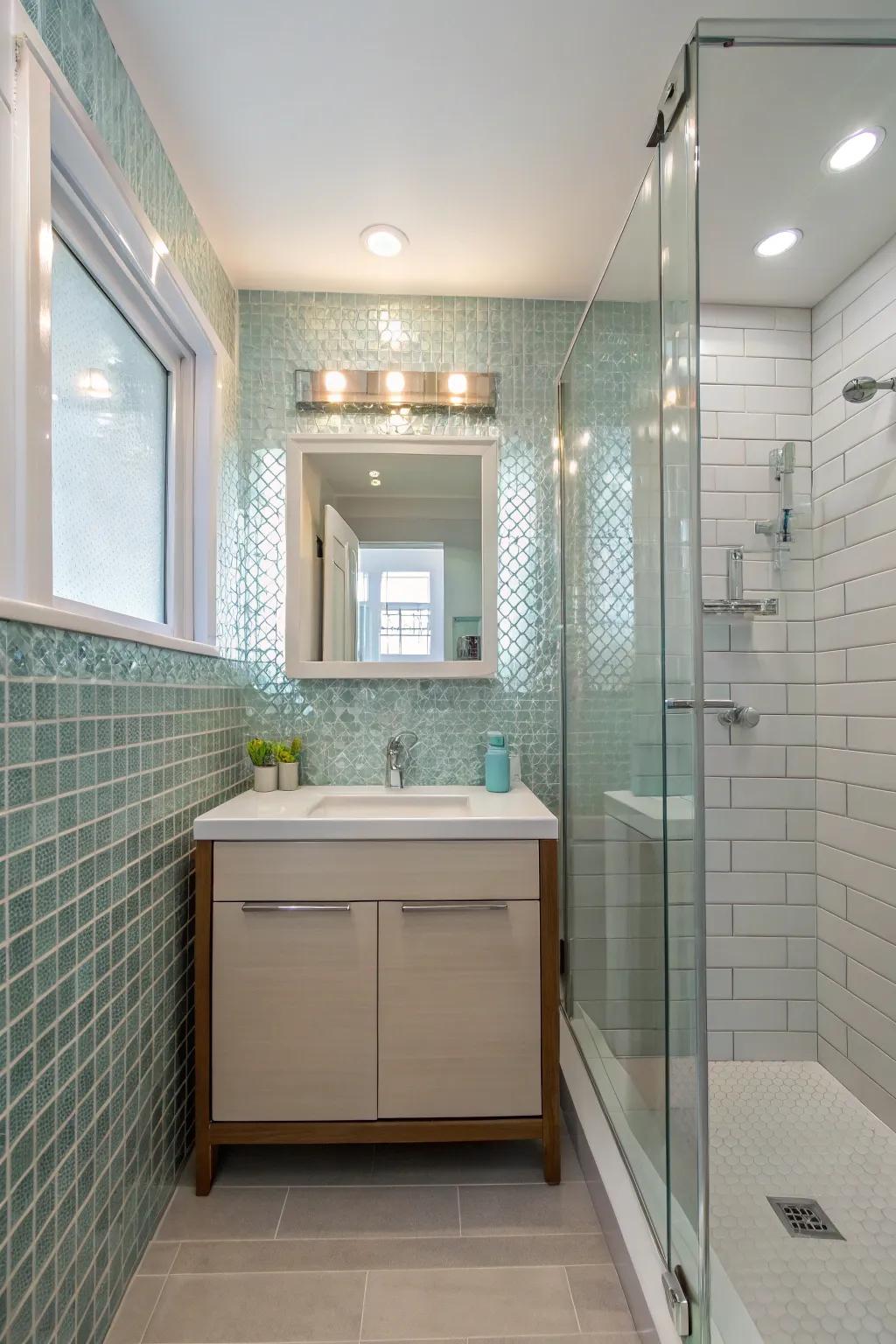 Bright cladding enhances brightness and light in small bathrooms.