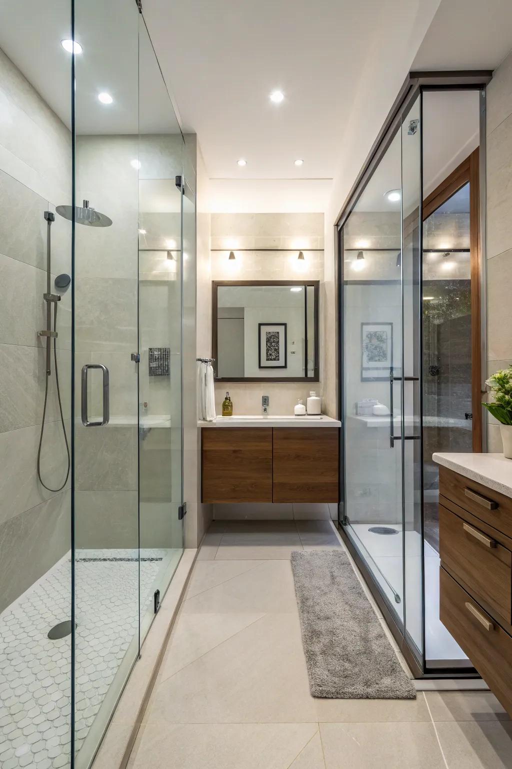 A frameless glass shower door adds openness to a small bathroom.