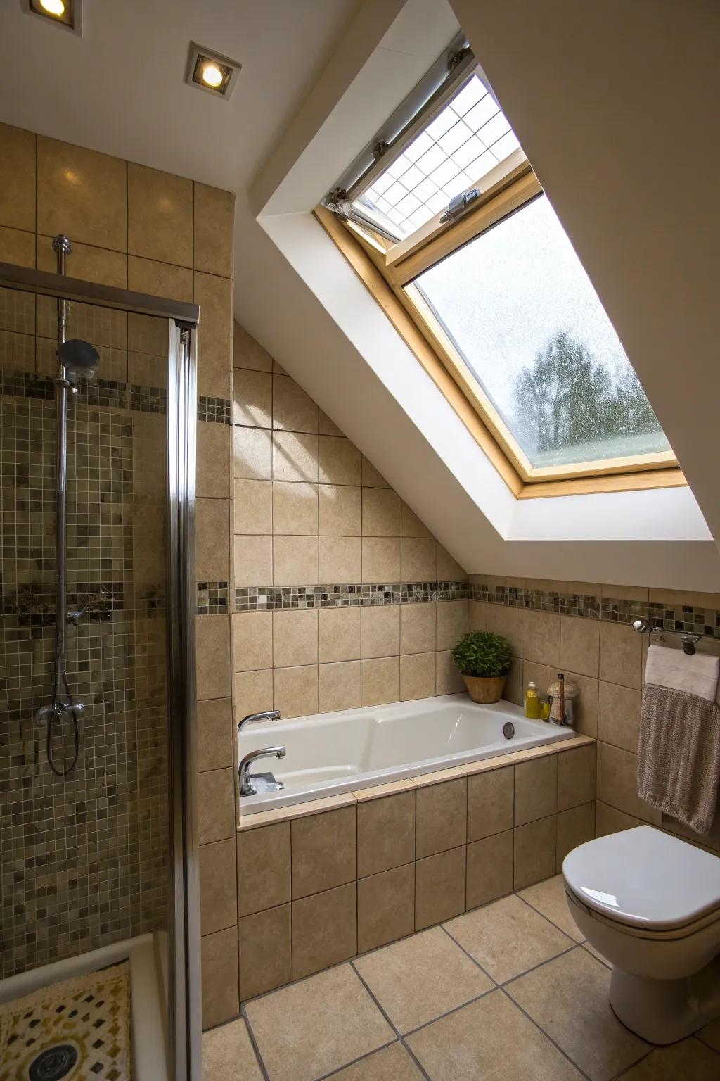 A roof window introduces natural light, enhancing the bathroom's ambiance.