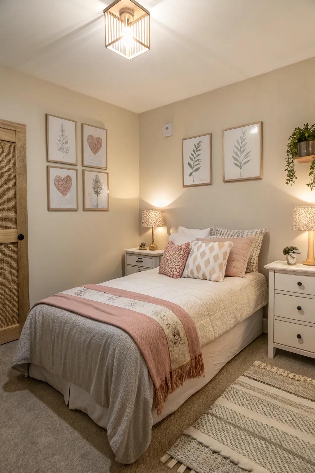 A small bedroom featuring a soft, neutral color scheme to make the space feel bigger.