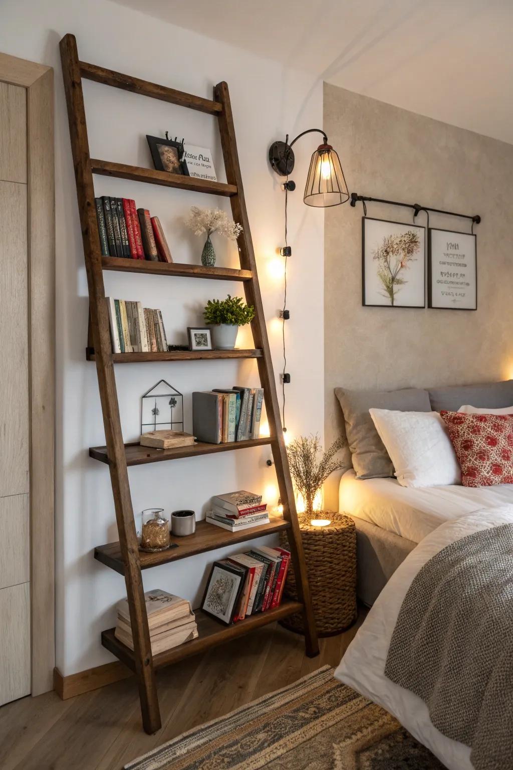 A wall-mounted ladder shelf is an efficient bedside table that saves space.