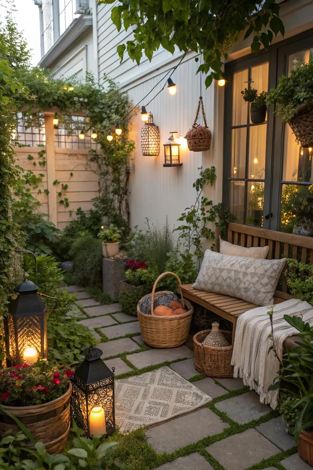 Eclectic decor items like candle lanterns and woven baskets add character.