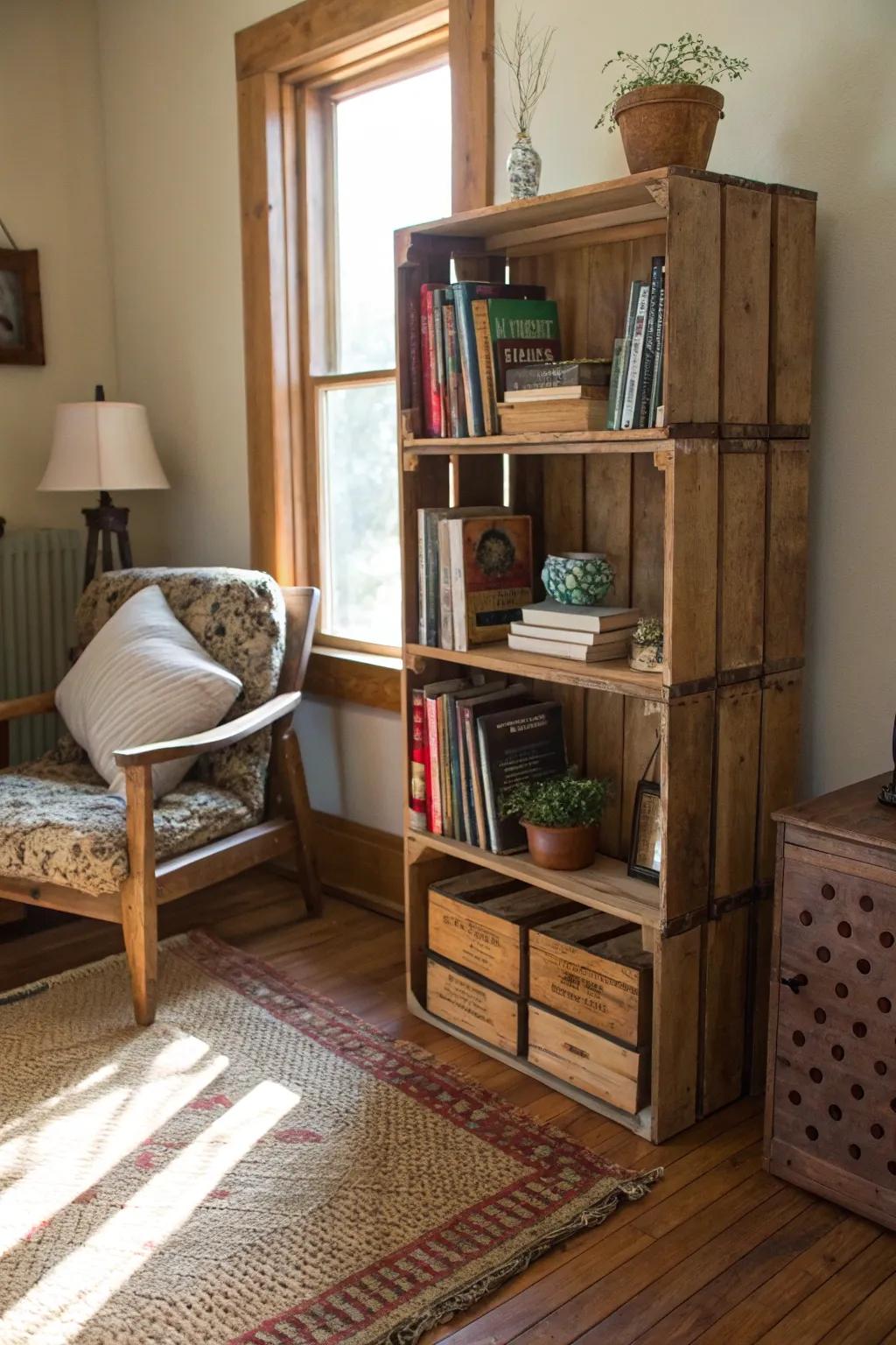 Crate-constructed shelving delivers countryside charm coupled with versatility attributes.