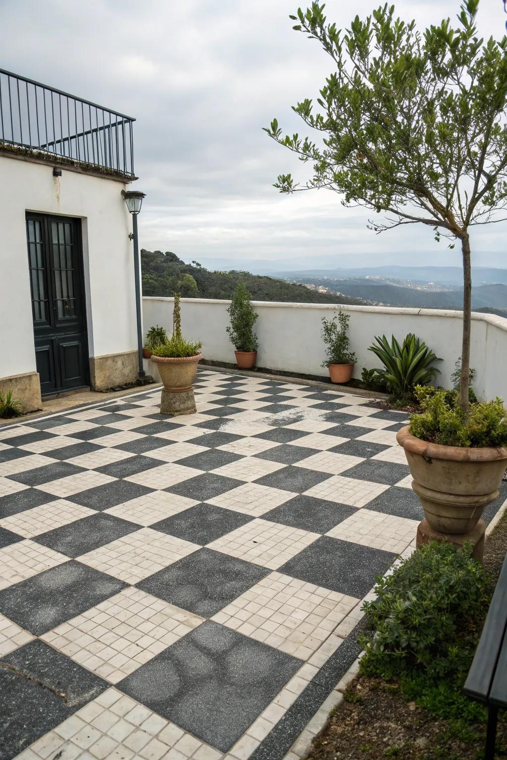 A chessboard design delivers a traditional and playful aesthetic.