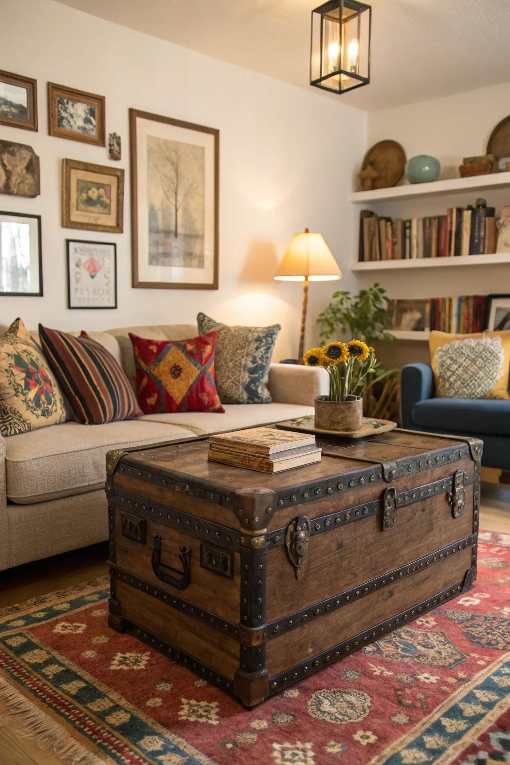 Vintage chests contribute character and storage in smaller spaces.