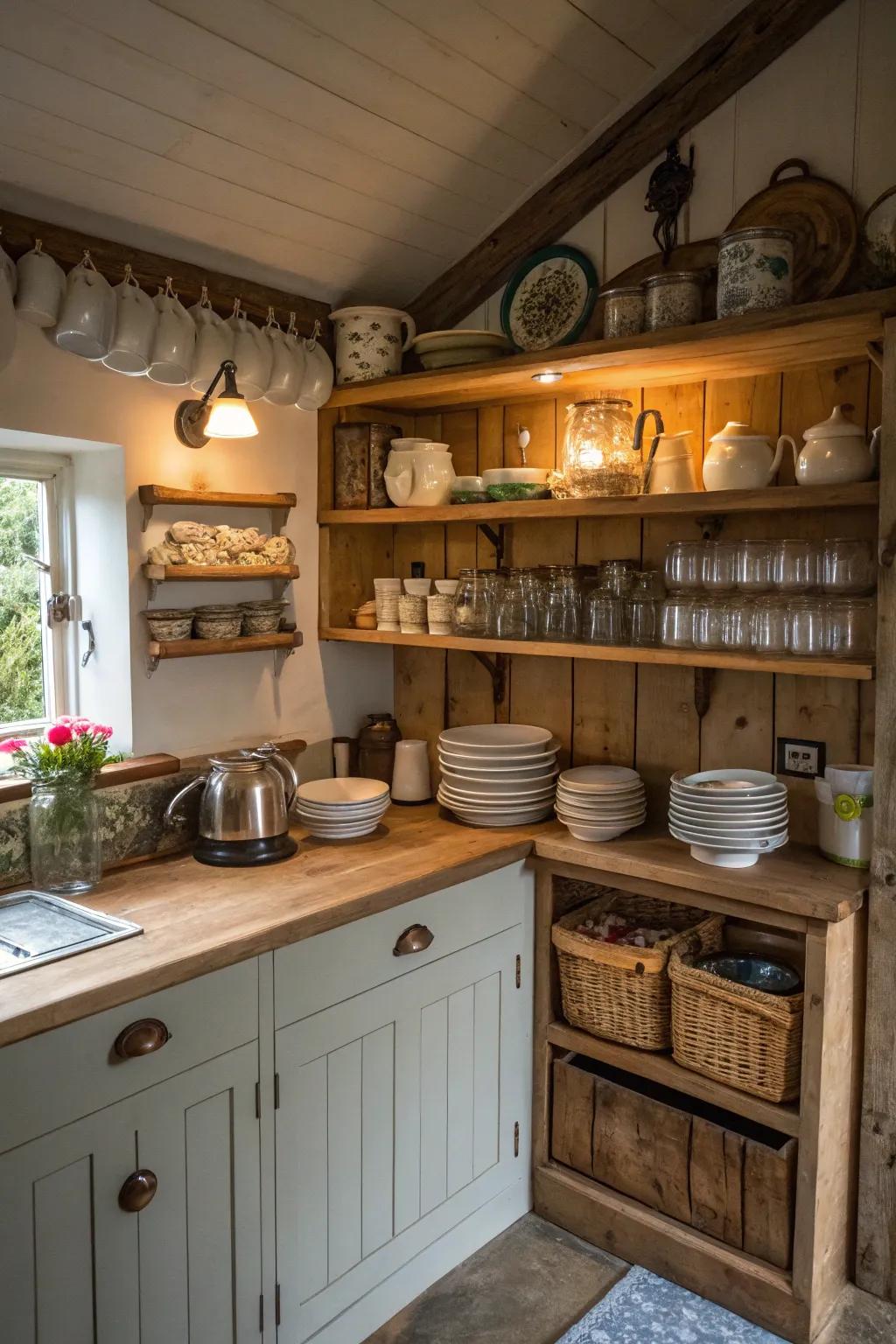 Accessible shelving flawlessly integrates style and functionality within this cottage kitchen.