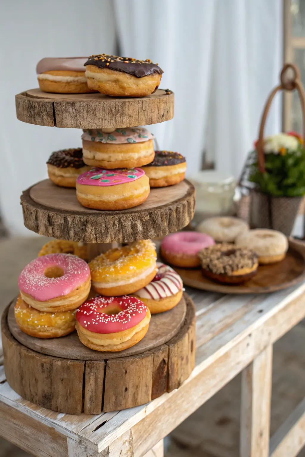 A rustic doughnut stand enhances the coziness of the sweets area.