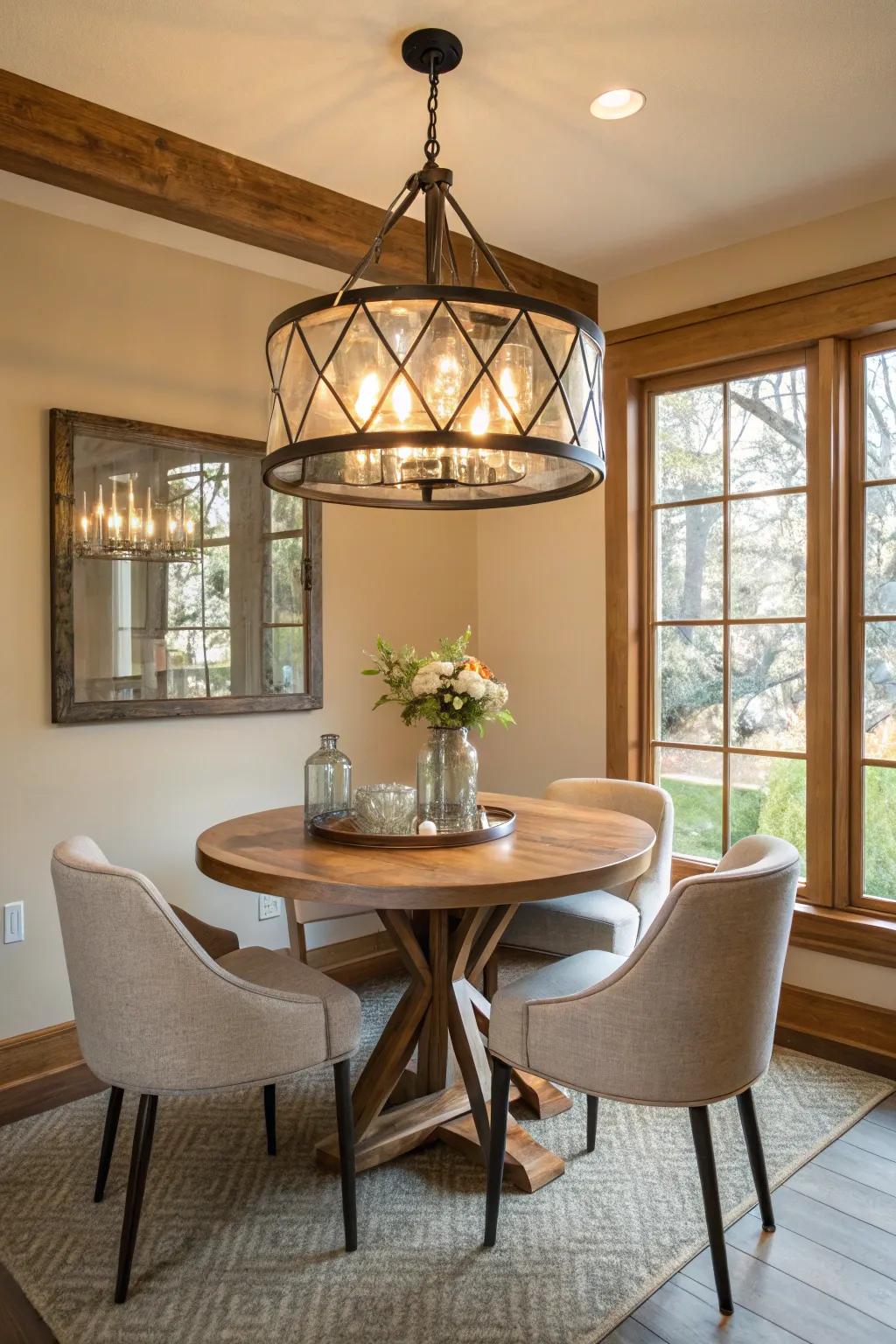 A mix of materials enhances the depth of your dining room lighting.