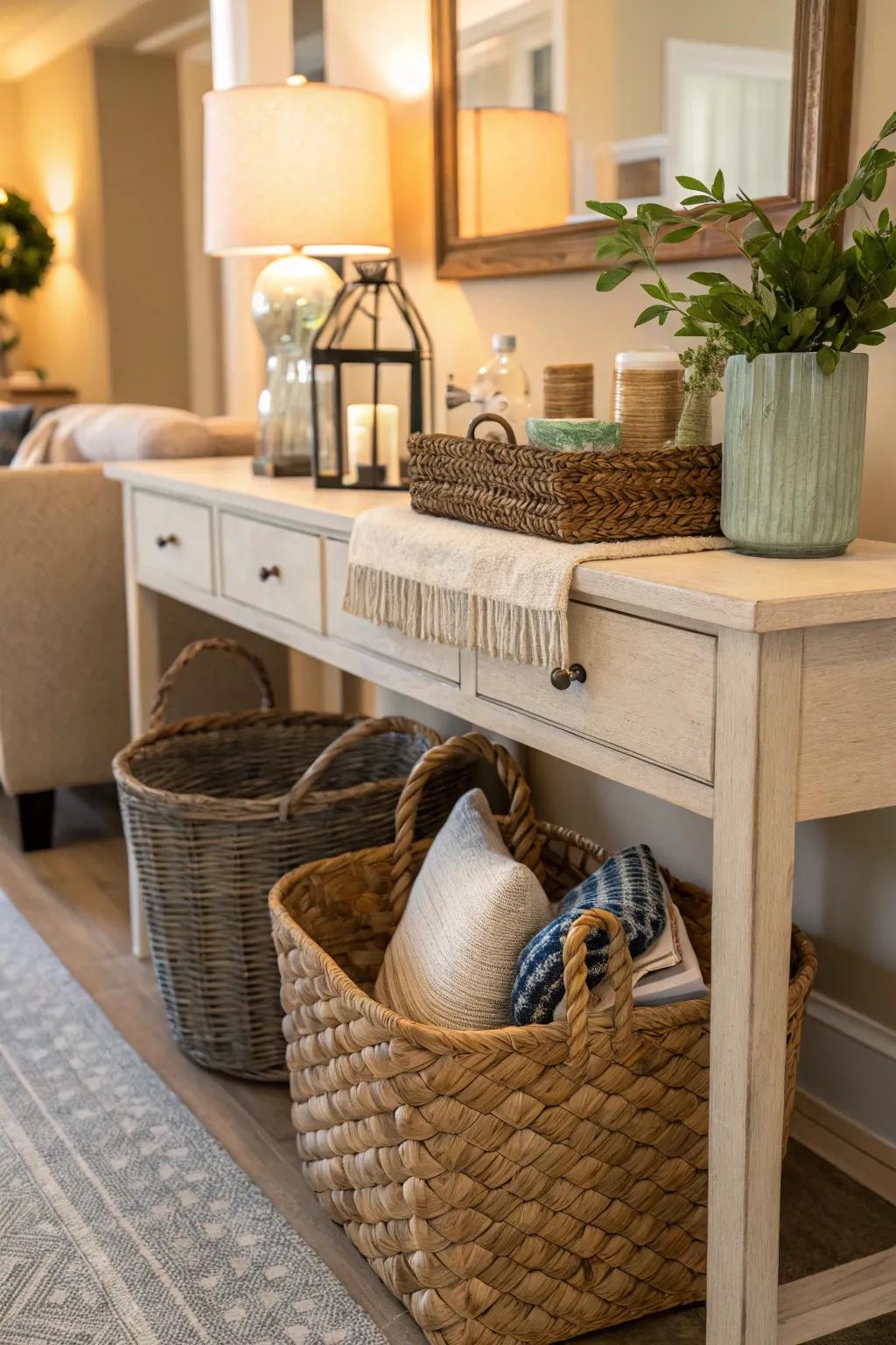 Fashionable containers keep small items organized and out of sight.