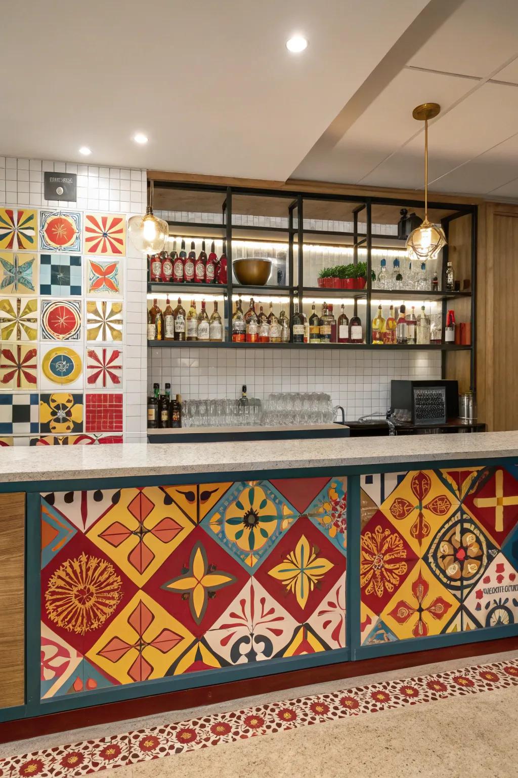 A striking back panel enhances the persona of a dry bar.