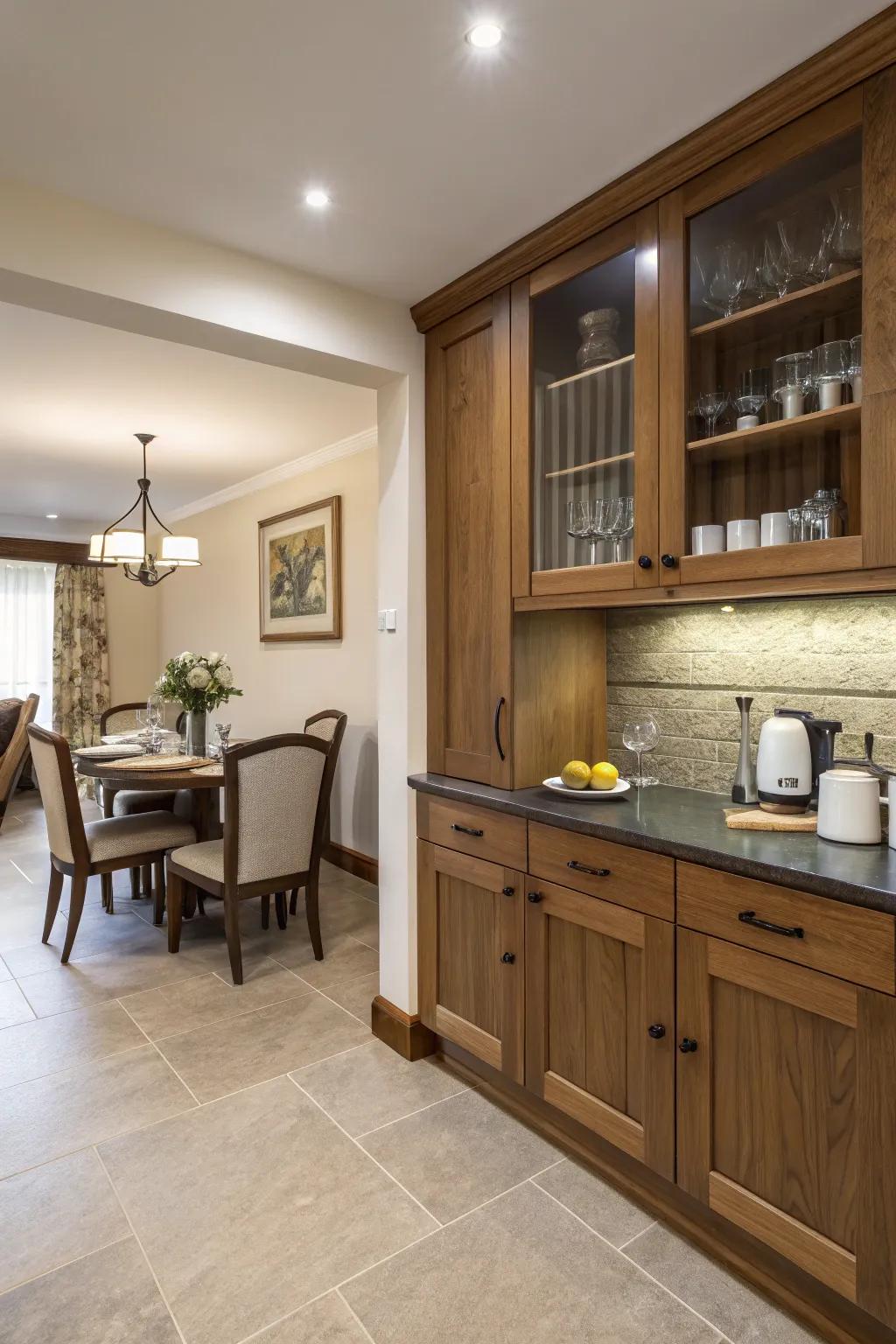 Integrated wall storage keeps essentials handy.
