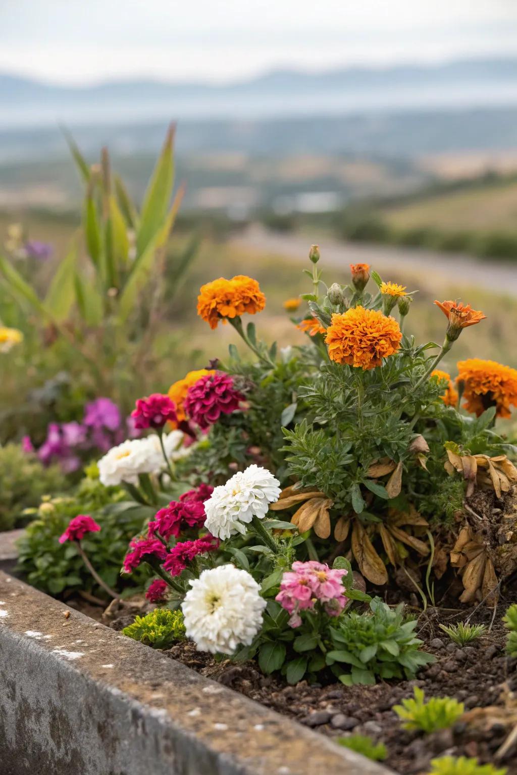 A compact flower garden featuring a delightful mix of flowers with assorted feels.