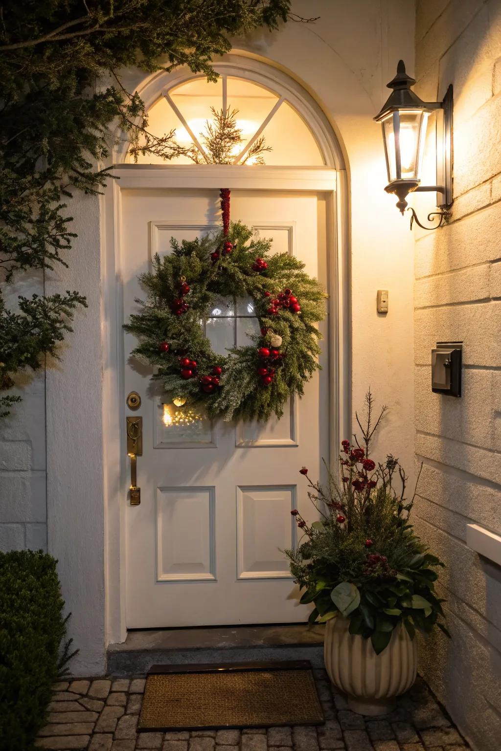A seasonal wreath adds a festive touch to the entrance.