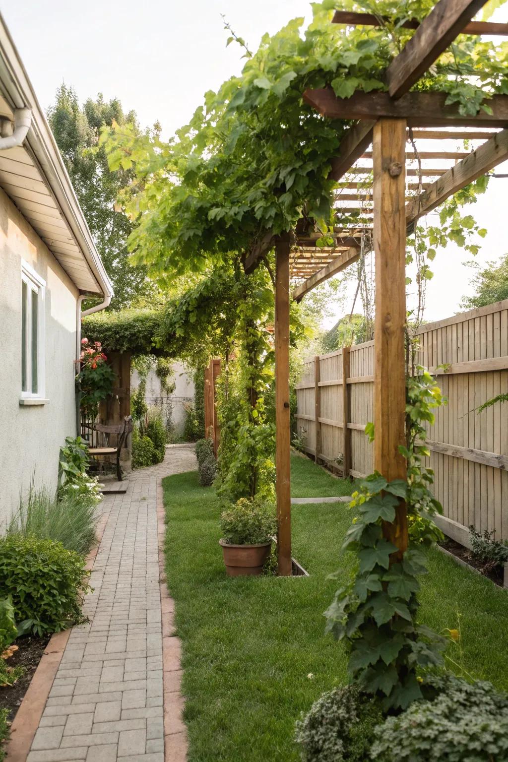 Climbing vines on trellises produce vertical charm.