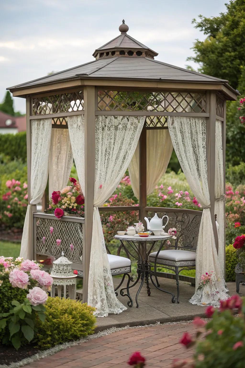 Sip tea in style with a charming gazebo setup.
