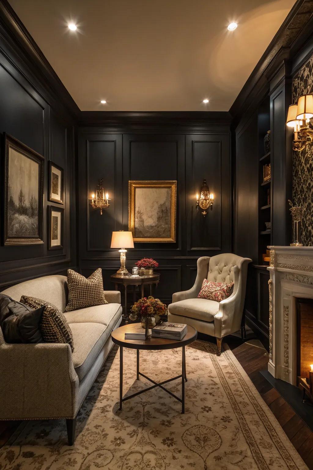 A small living room using dark walls that create an intimate setting.