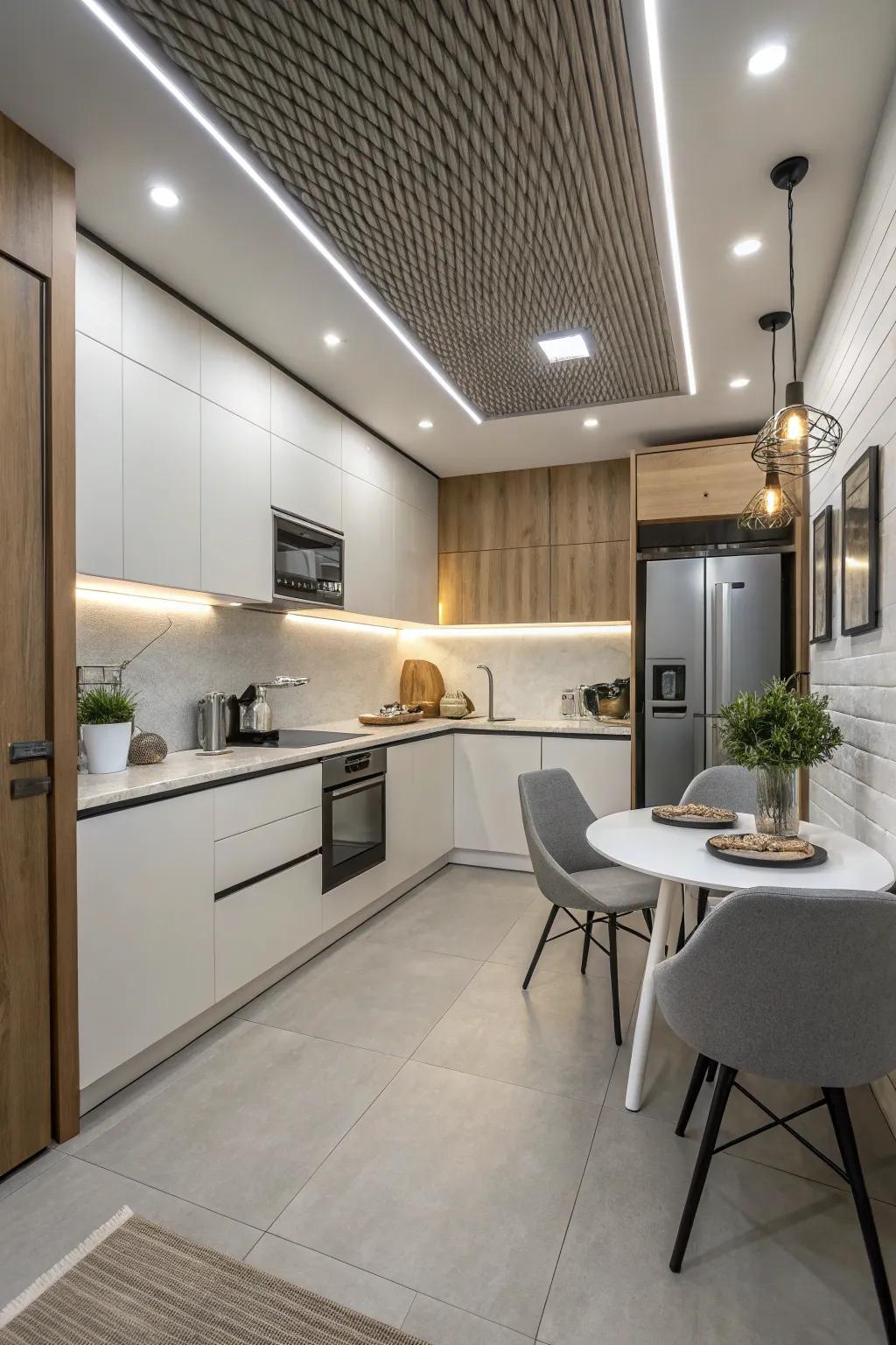 Minimalist ceiling schemes streamline small kitchen areas.