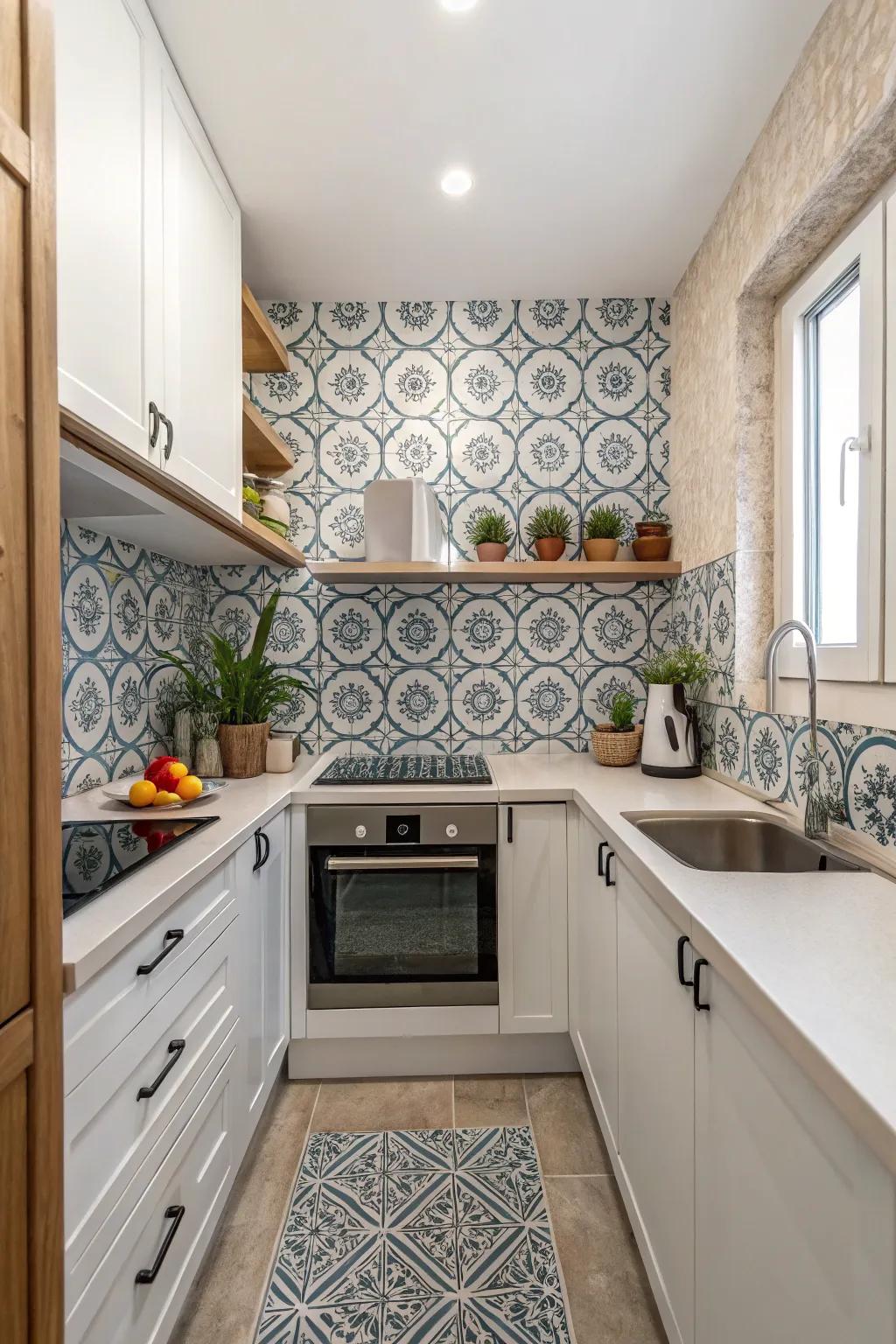 A unique tile design serves as a stylish focal point in a compact kitchen.