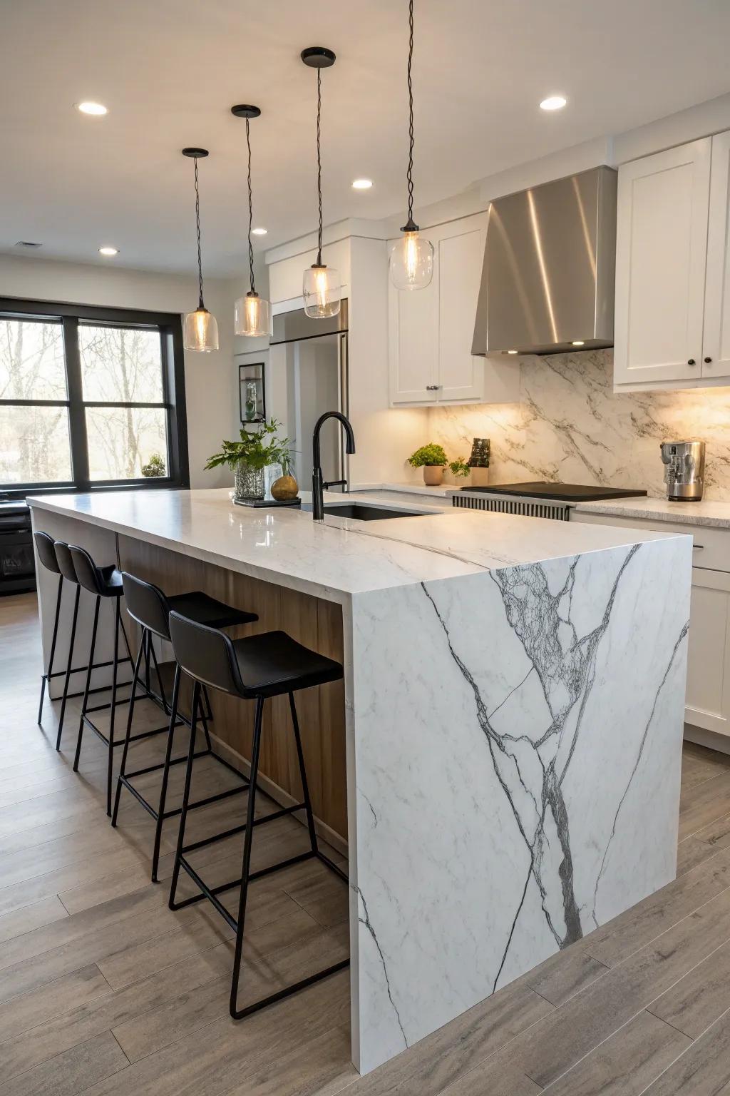 A luxurious cascading countertop adds elegance to the island.