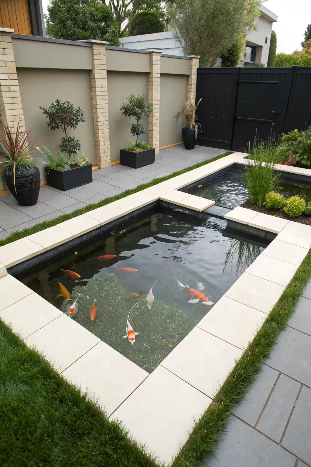 A modern square koi haven featuring sleek symmetrical lines.