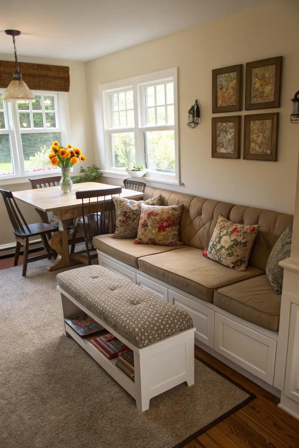 Both multifunctional seating can be provided with a sectional and dining bench.