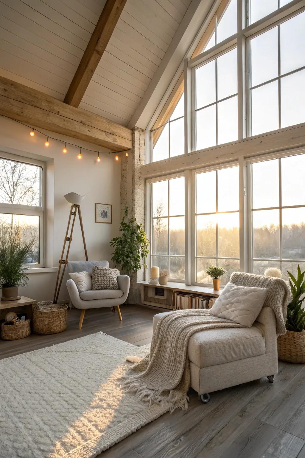 Natural lighting enhances the warmth of a compact loft.