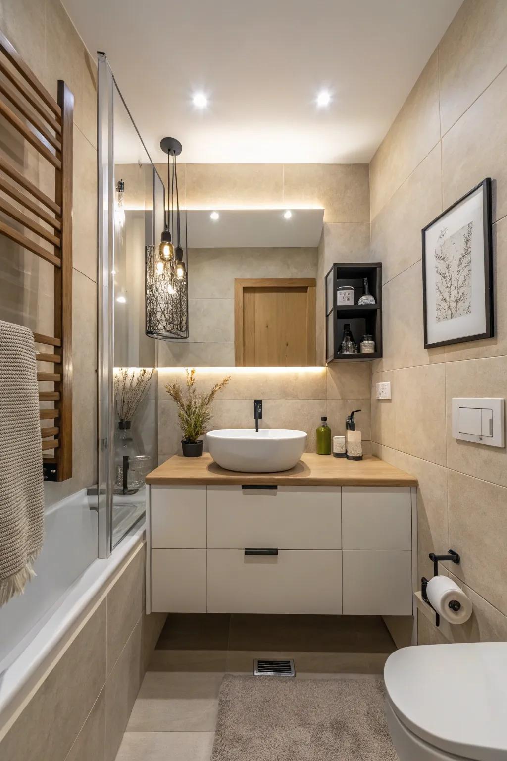 Neutral tones create a calm and roomy atmosphere.