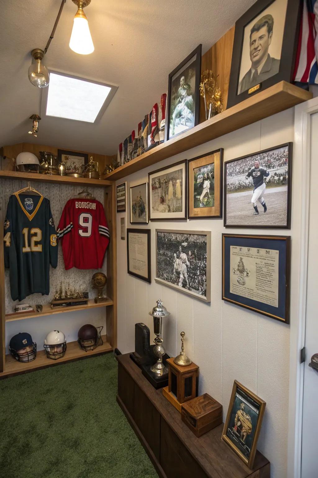 Sports keepsakes and posters from the past give the space a personal feel.
