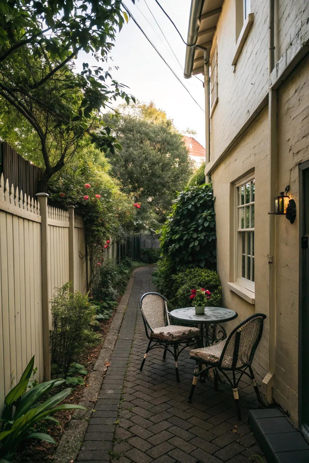 A welcoming seating spot makes for perfect relaxation in a narrow side yard.