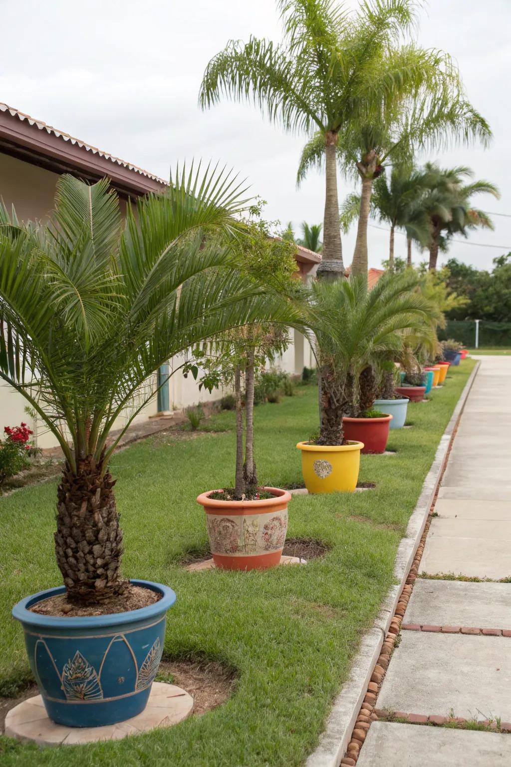 Potted palm displays bring adaptability and elegance to garden designs.
