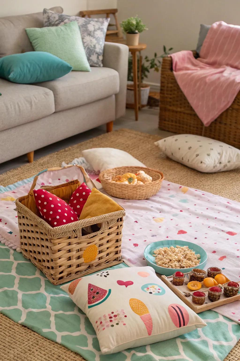 An indoor picnic setup featuring a comfortable blanket and cushions.