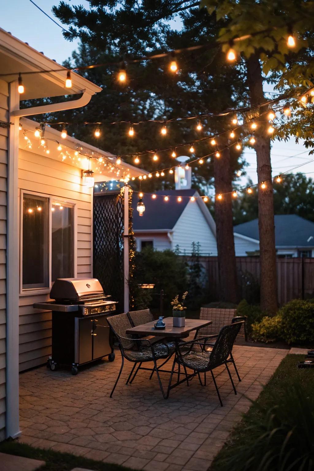 Soft lighting makes evening grilling more enjoyable.