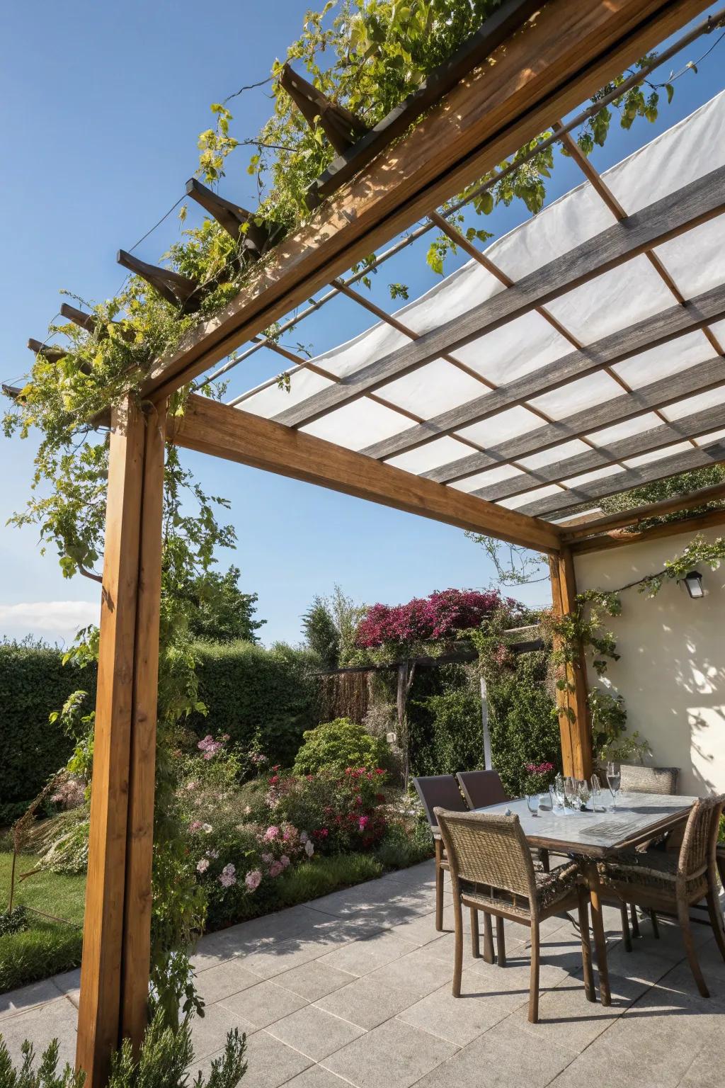A retractable roof gives a small patio pergola more versatility.