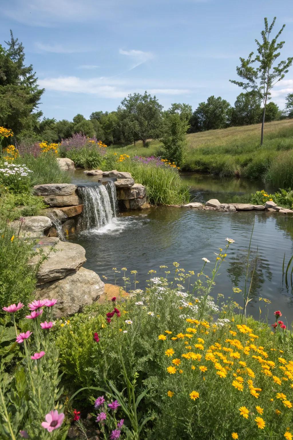 Wildflowers contribute vibrant colors and charm to your pond setting.