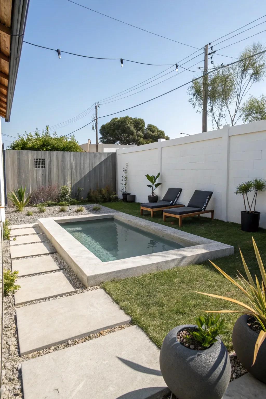 A streamlined ready-made soaking pool fitting perfectly into a small garden.