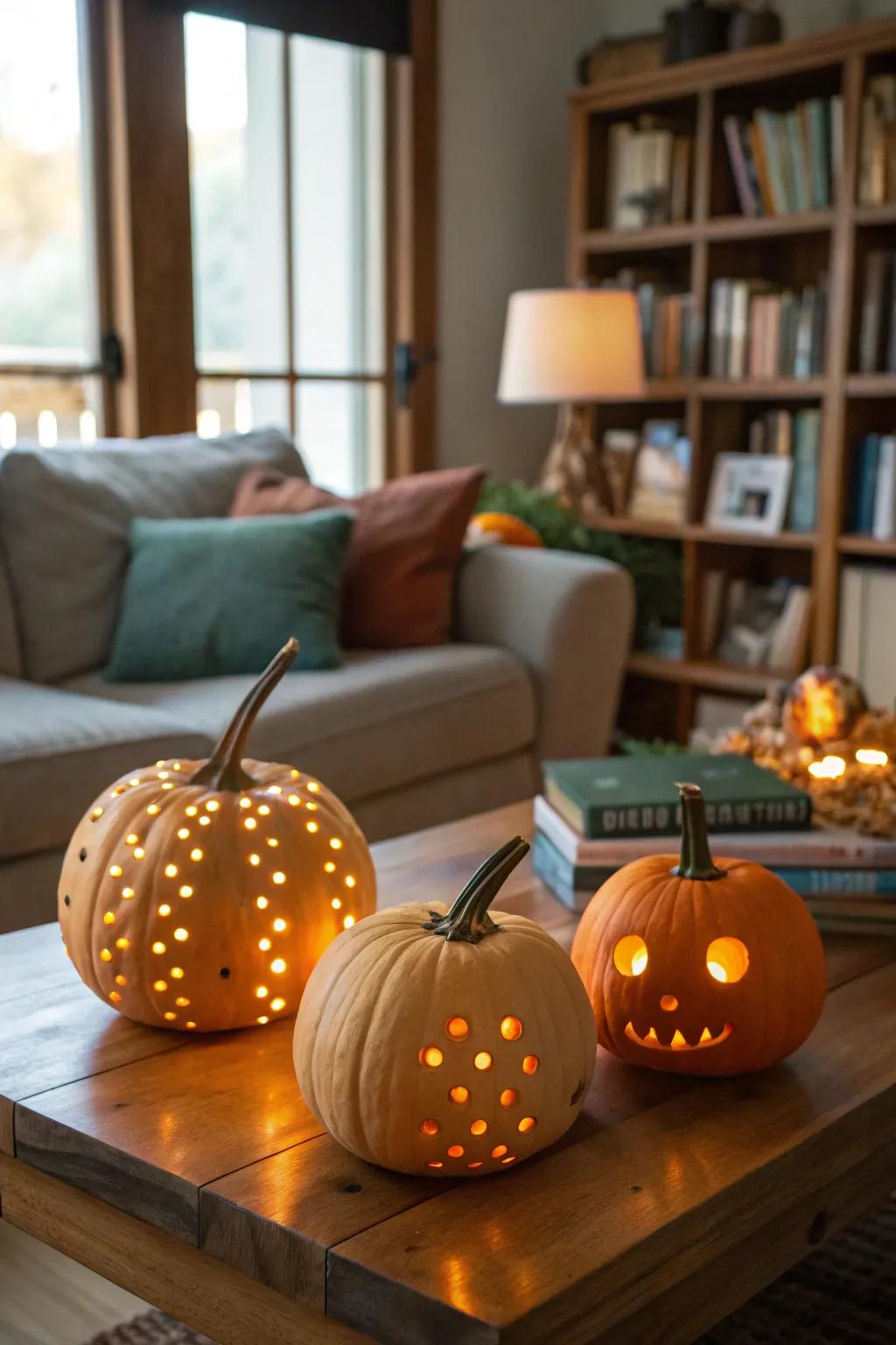 Illuminated pumpkins provide a tender glow with secret string lights.
