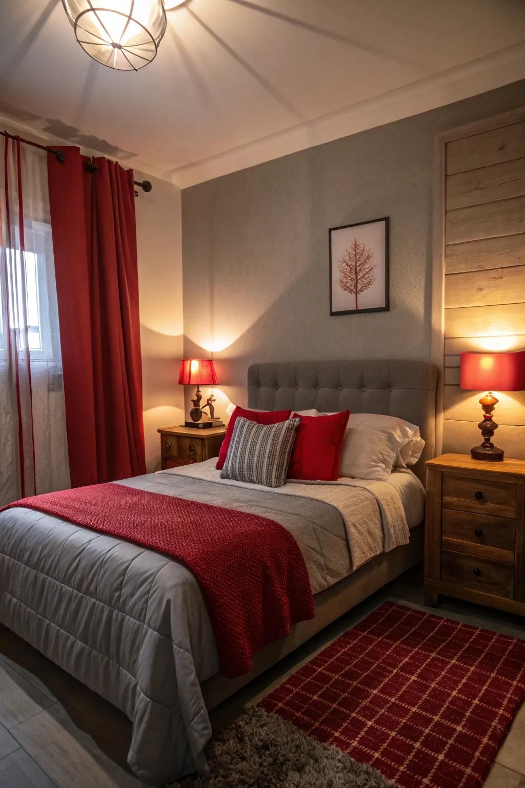 Gentle illumination in an intimate bedroom enhances the cozy ambiance of crimson and ash-grey shades.