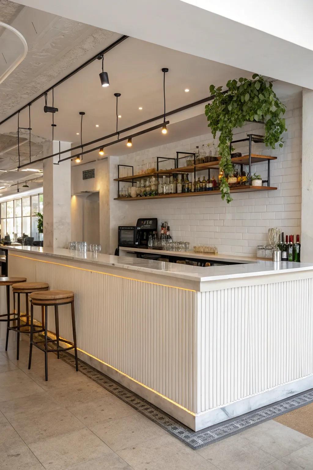 A minimalist bar counter delivers both style and practicality within a small vicinity.