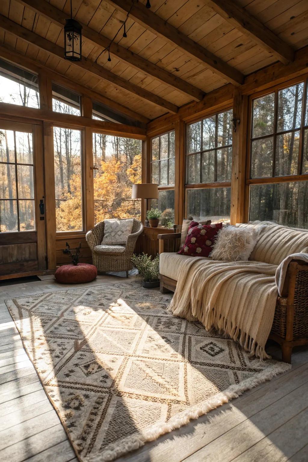 Textural floor coverings and throws add a cozy feel and charm to this sunroom.