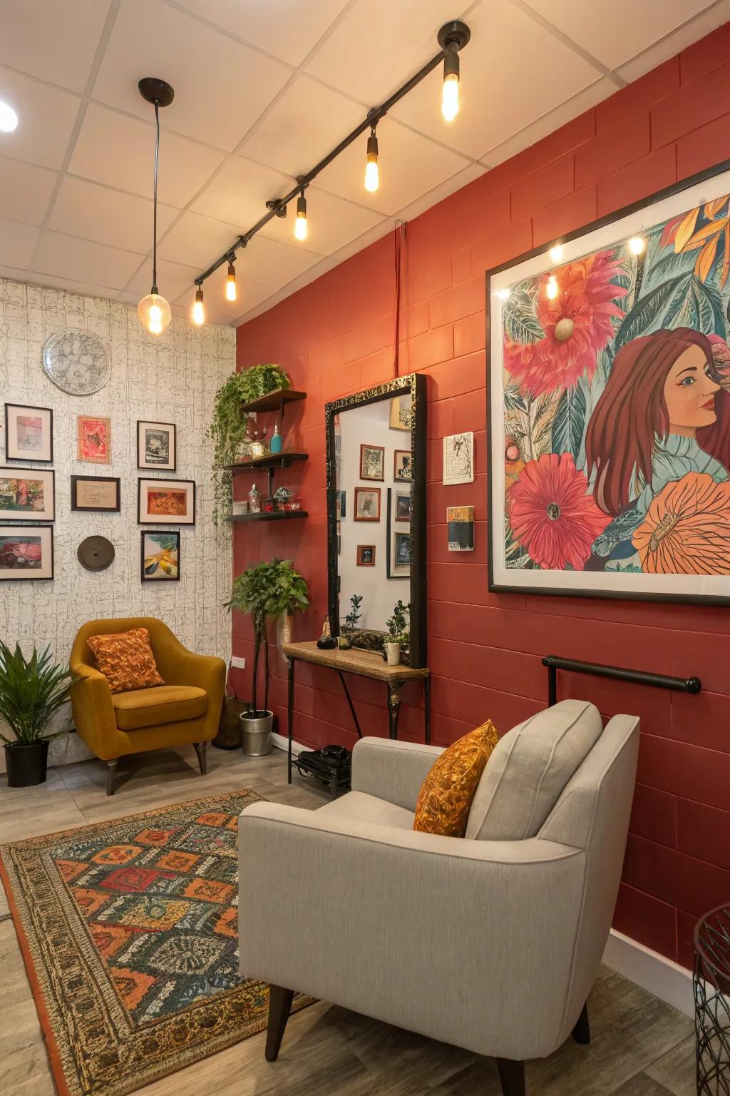 Striking elements that add character to a small salon space.
