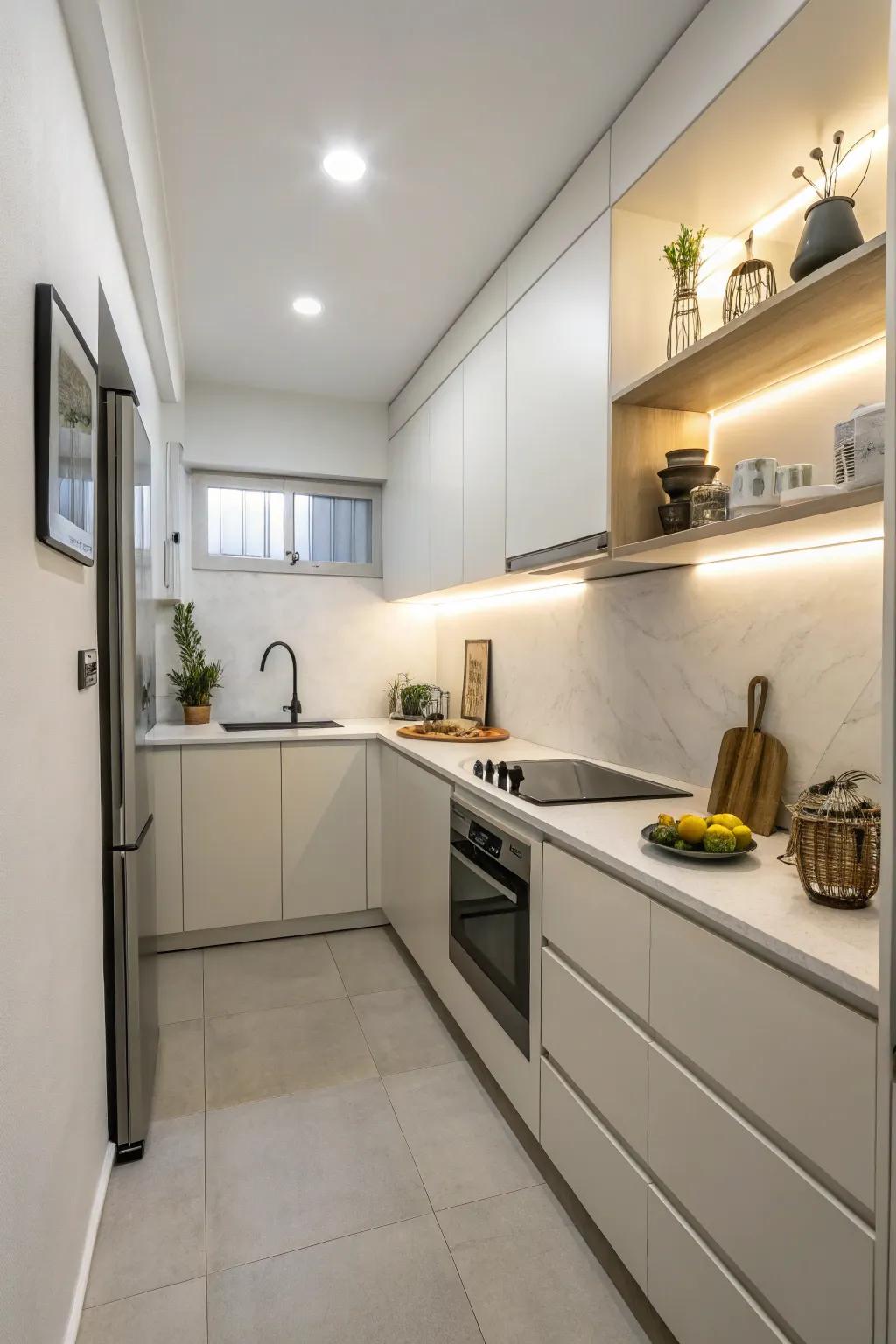 A simple aesthetic keeps a compact cooking area elegant and clutter-free.