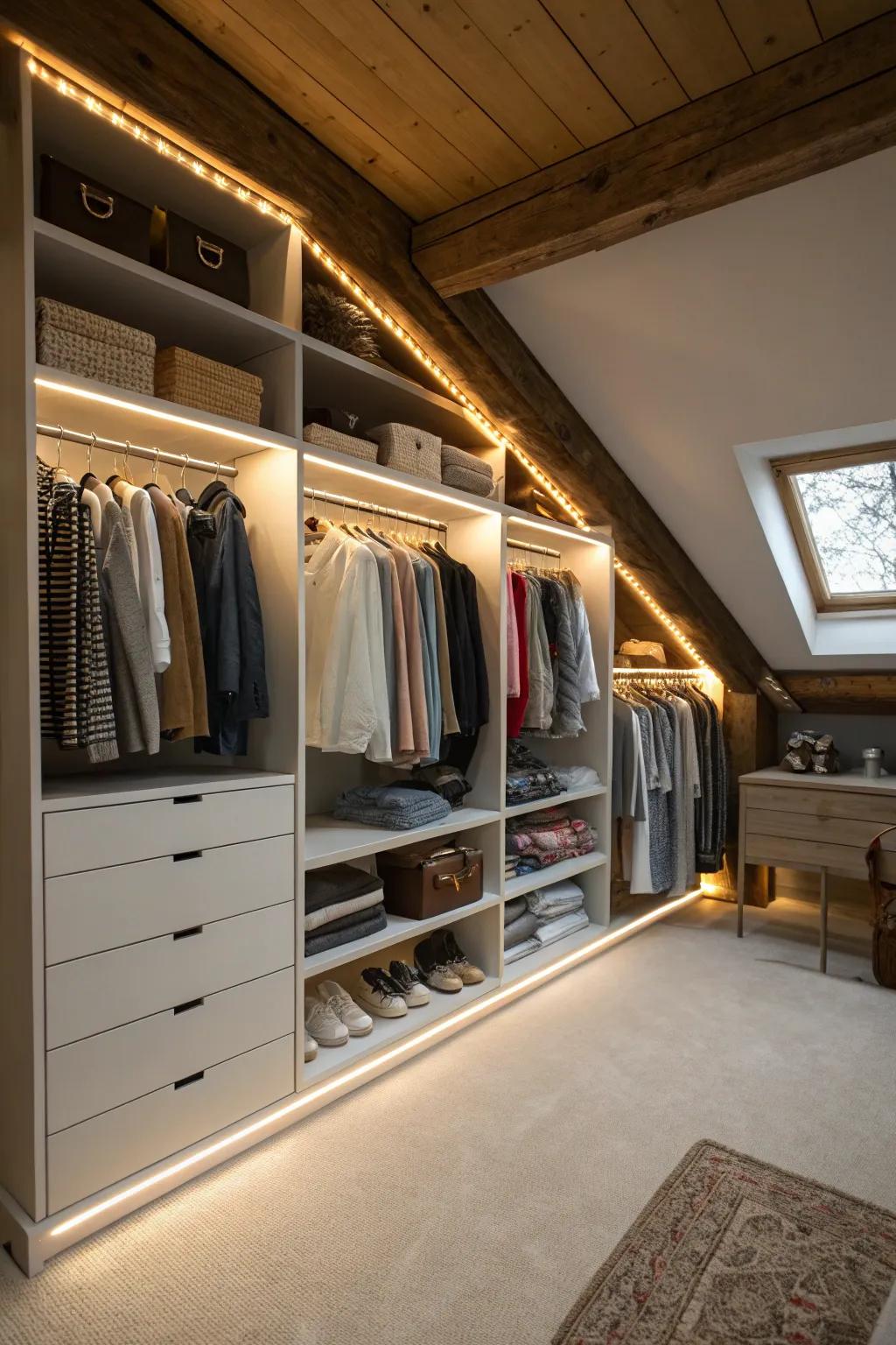 Well-designed lighting can highlight and elevate your attic closet.