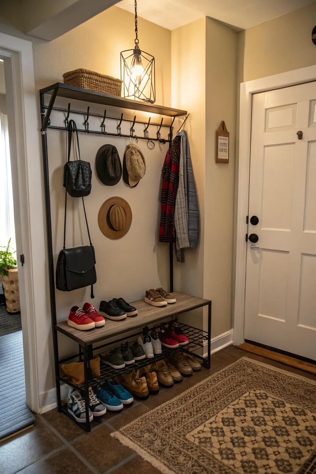 Over-door rack in a doorway to make the most of space for shoes and accessories.