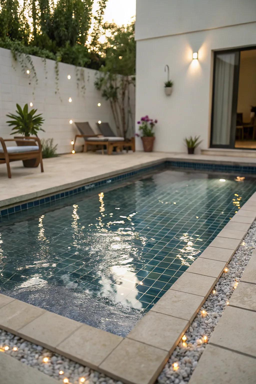 Mirror-like tiles add shimmer to small pools.