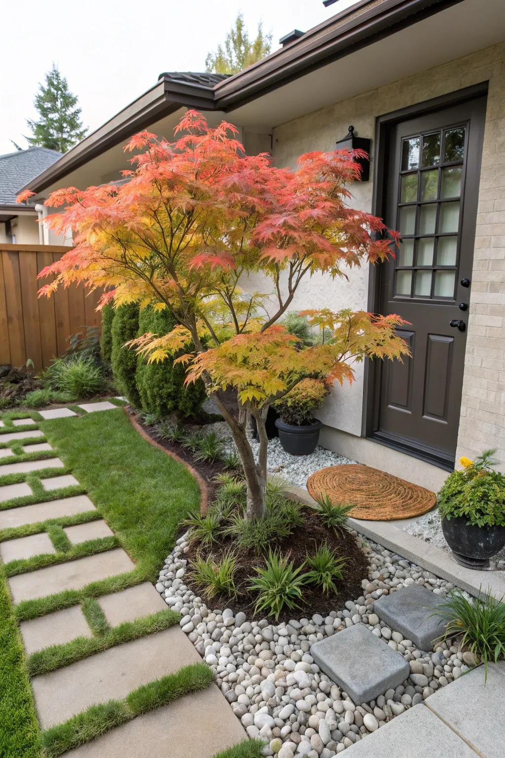 Petite scarlet maple adding charm to a small front yard.