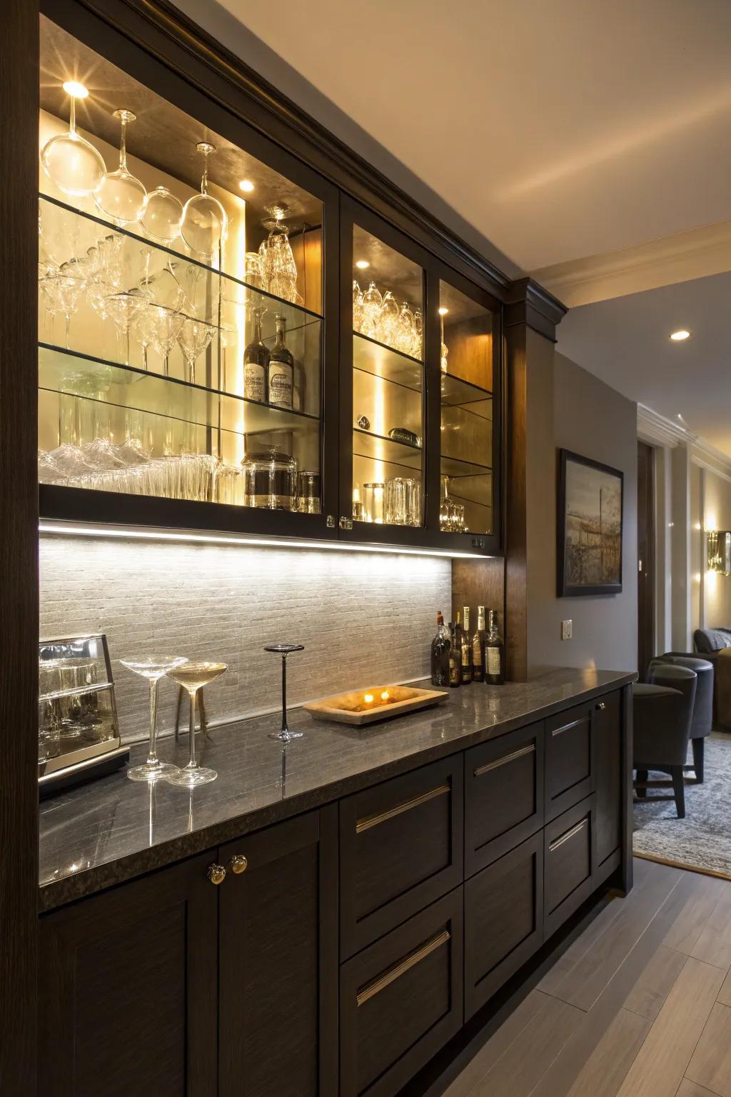 Undercabinet lighting makes for a cozy vibe in a compact wet bar.