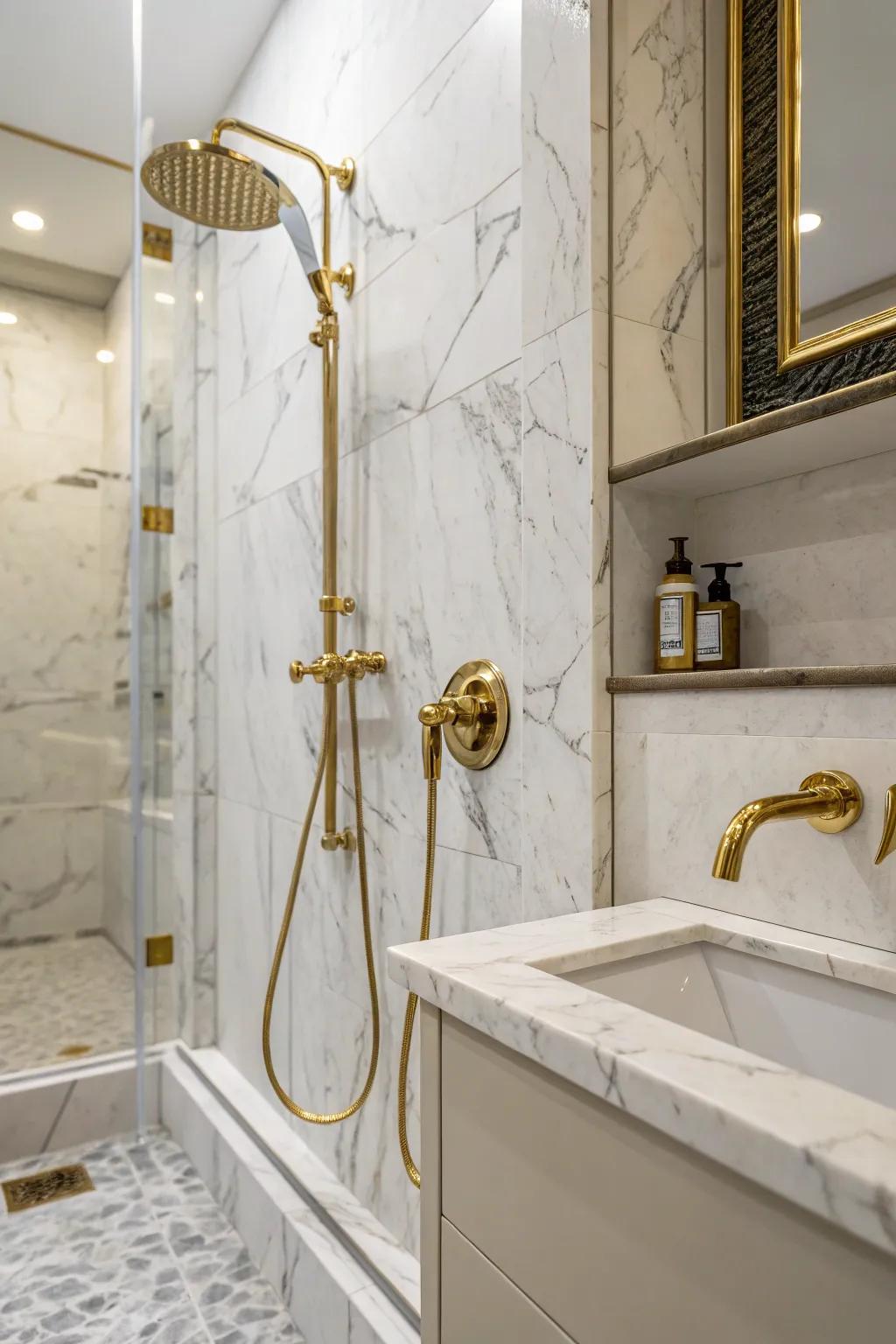 Metallic fixtures add a hint of luxury to marble.