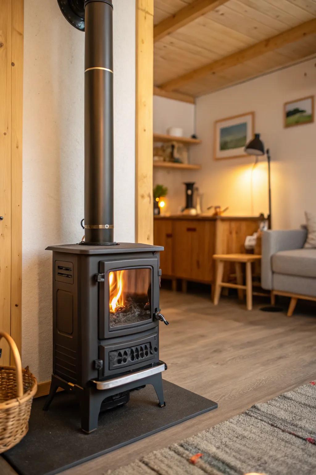 A compact wood heater efficiently warming a small yet stylish space.
