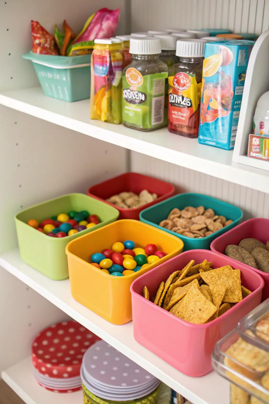 Color-coordinated containers introduce a playful element to snack storage.