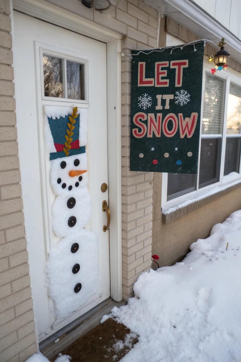 A welcome sign adds a personal touch to your snowman door.